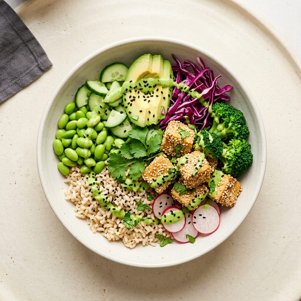 Green Boost Bowl mit Vollkornreis, Tofu, Edamame und Brokkoli