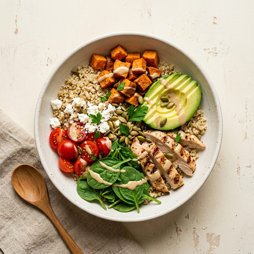 Power Protein Bowl mit Quinoa, Poulet, Süsskartoffel und Avocado