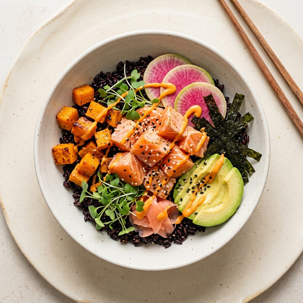Sunrise Salmon Bowl mit schwarzem Reis, Lachs und Butternut