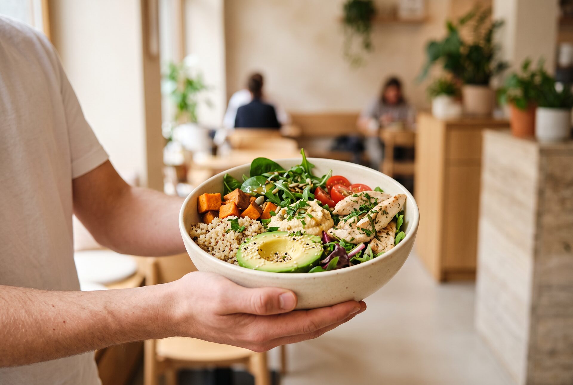 Track & Taste Bowl in den Händen eines Gastes im Café