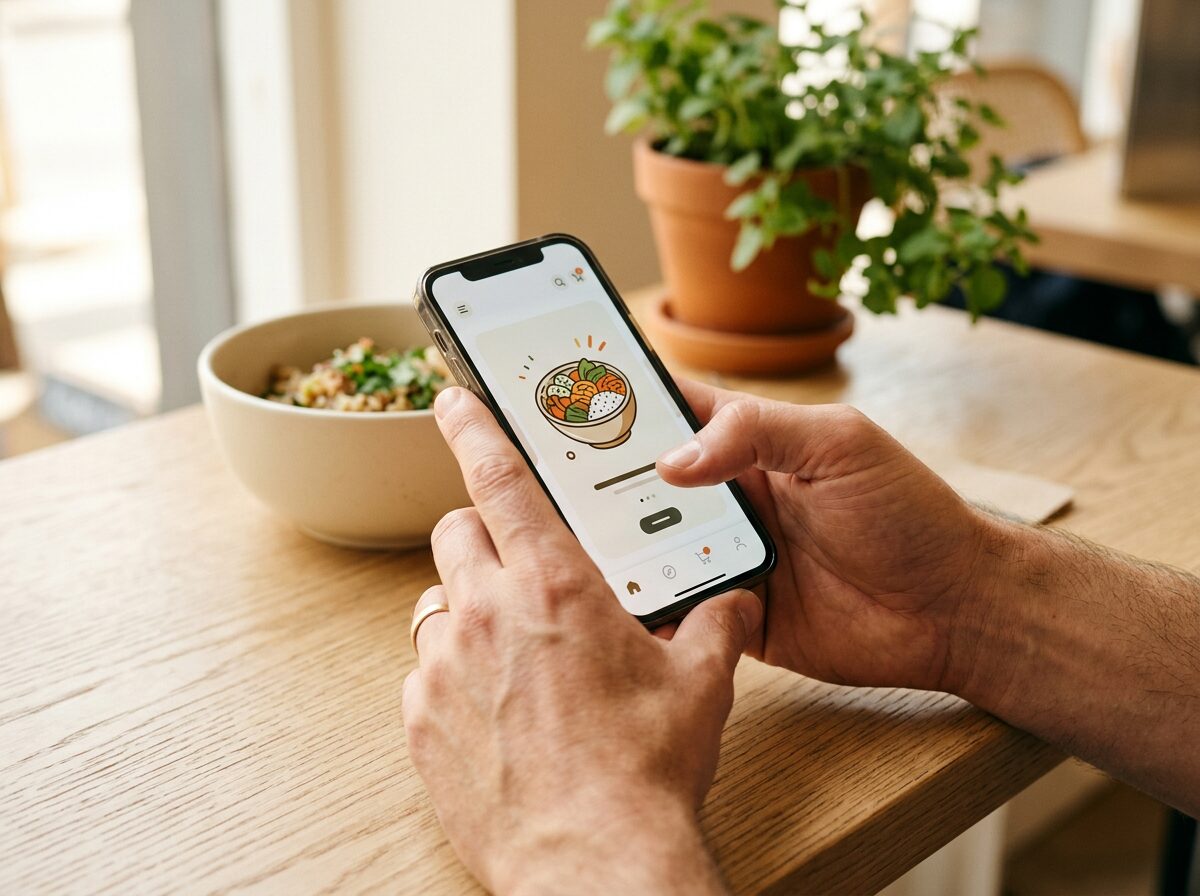 Person bestellt Bowl über das Smartphone